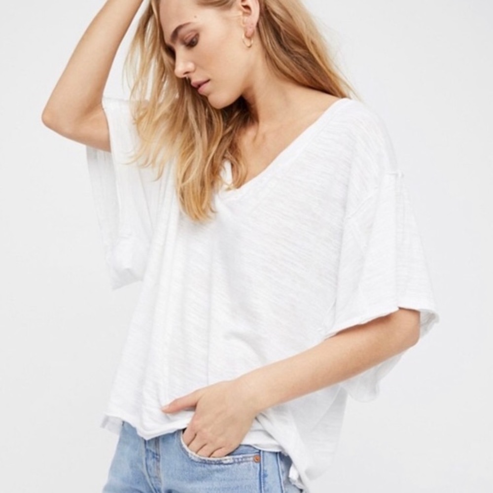 Free people white oversized v neck tee